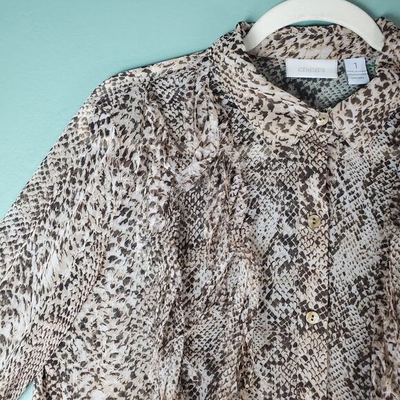 Chicos Womens Sheer Snake Animal Print Fringe Button Up Blouse Size 1 Medium - Picture 4 of 5